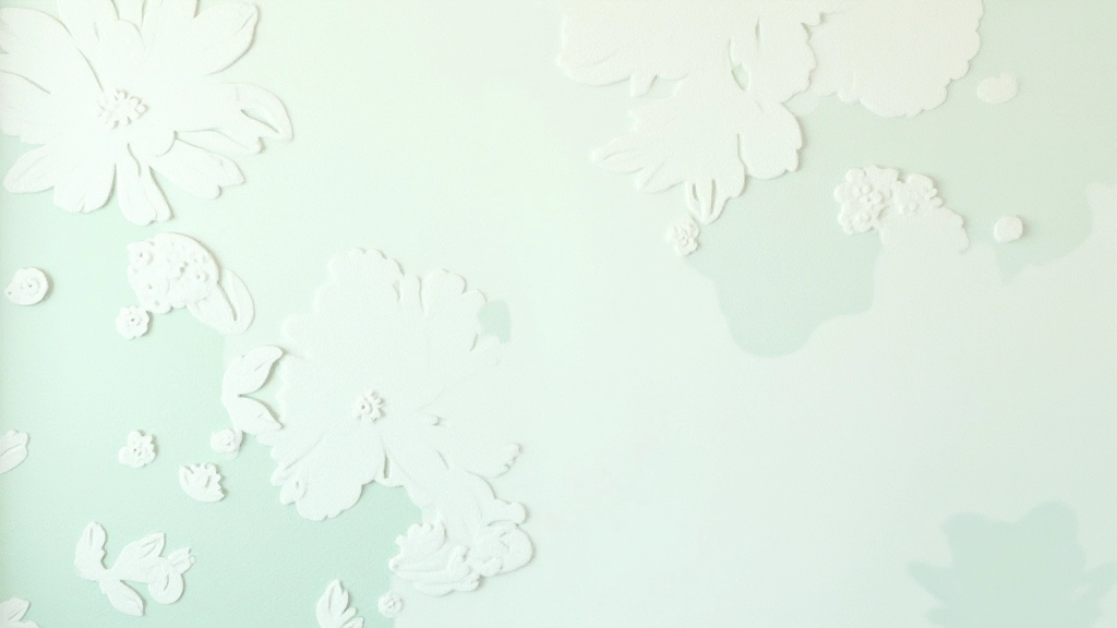 Dettaglio ravvicinato di carta da parati con texture in rilievo e motivo floreale botanico stilizzato in toni verde e bianco