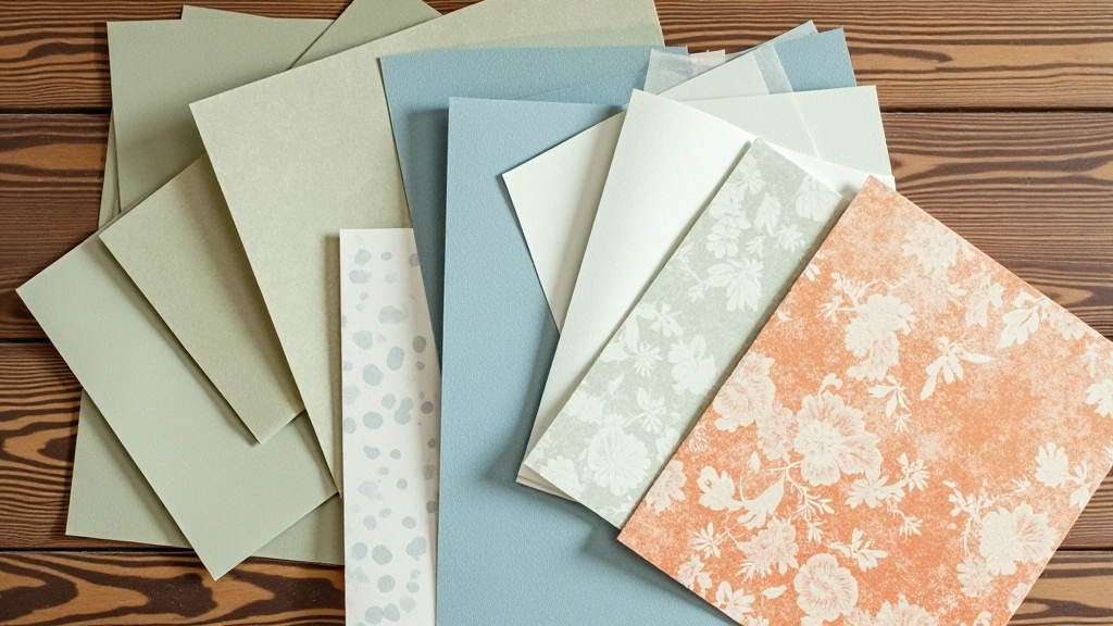 Raccolta di campioni di carta da parati su tavolo di legno, mostrando varie texture e colori dal verde salvia al blu al terracotta