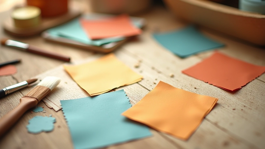 Campionari di colori in tonalità terracotta, ocra, azzurro e dorato su tavolo di legno con pennelli