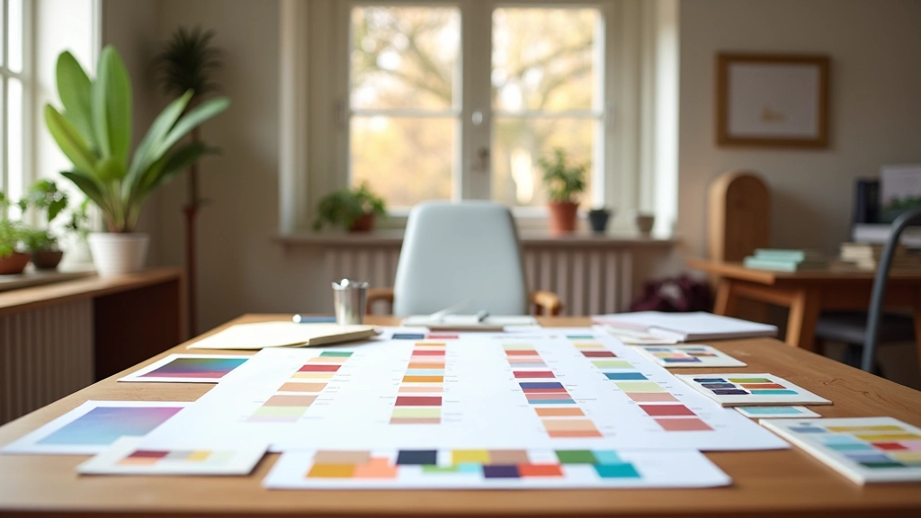 Spazio di lavoro del designer con campioni di colori, carte da parati e mood board per la progettazione di decorazione