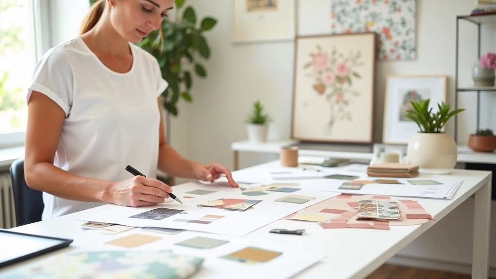Interno di studio di design con campioni di materiali, colori e strumenti di lavoro su tavolo bianco