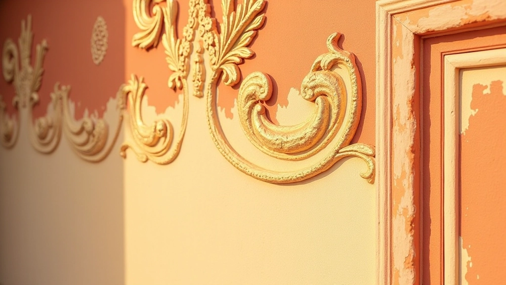 Dettaglio di parete con effetto affresco dipinto a mano in tonalità terracotta e oro