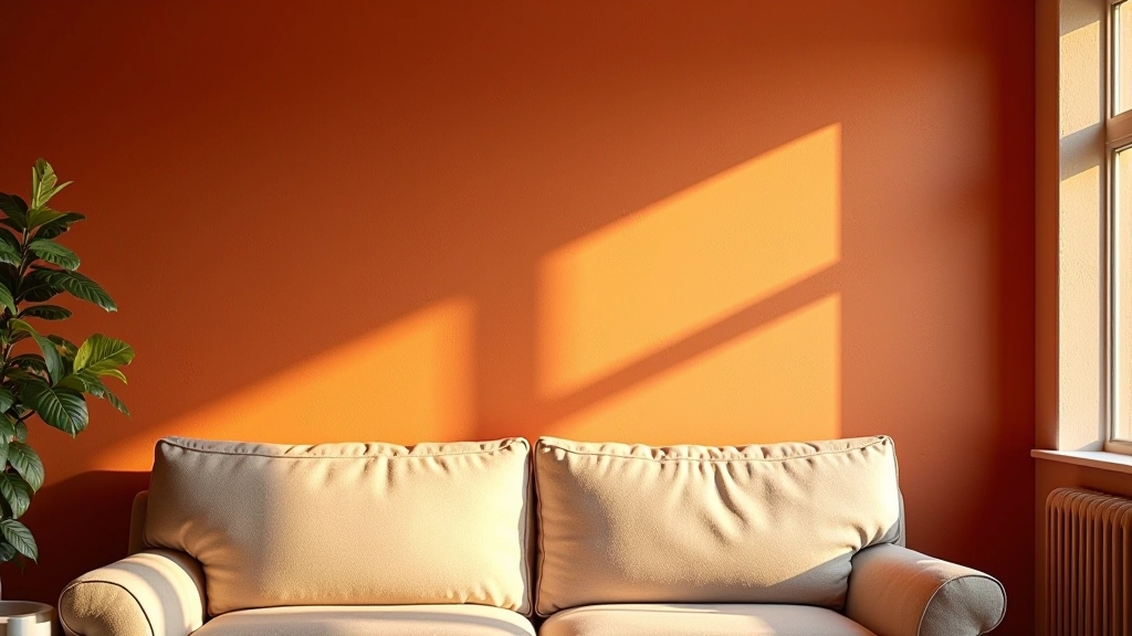 Parete salotto con effetto affresco dipinto: tonalità terracotta con velature ocra e accenti dorati, luce pomeridiana calda