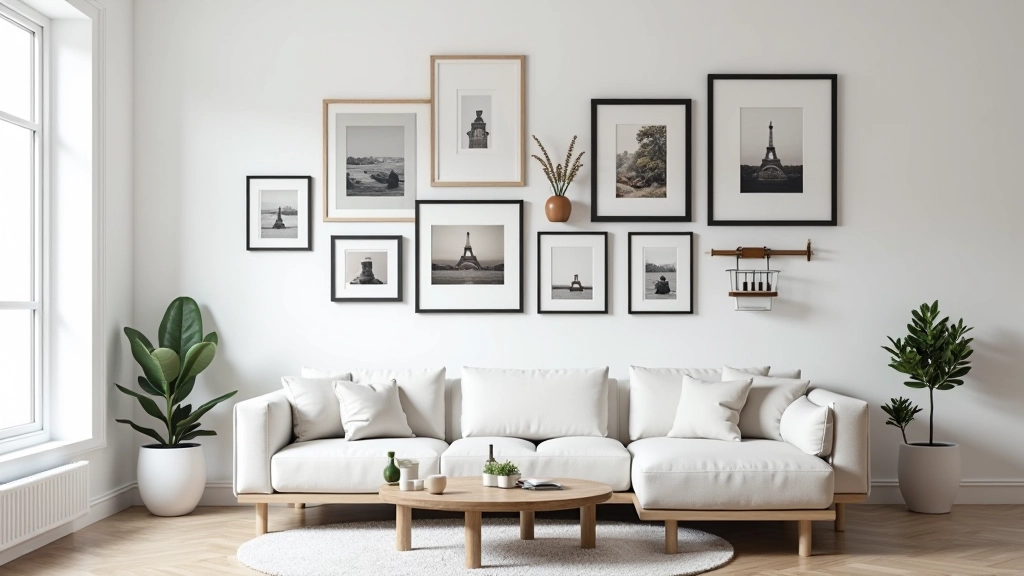 Parete con galleria fotografica ben organizzata con cornici diverse in salotto moderno