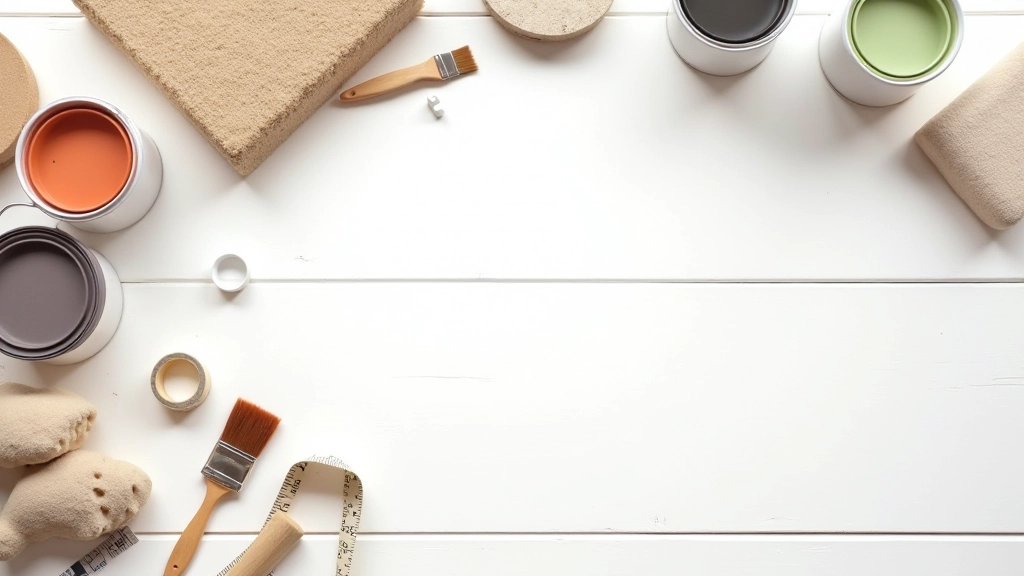 Set di strumenti da pittura ordinati su tavolo: spugna naturale, pennelli, rullo, barattoli di vernice, contenitori di plastica