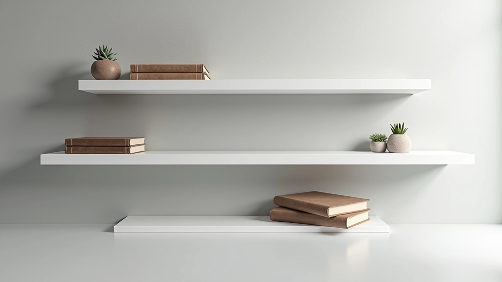 Tre scaffali galleggianti in bianco con oggetti decorativi di diverse altezze, libri, ceramiche, piante, parete grigio chiaro, ombra naturale