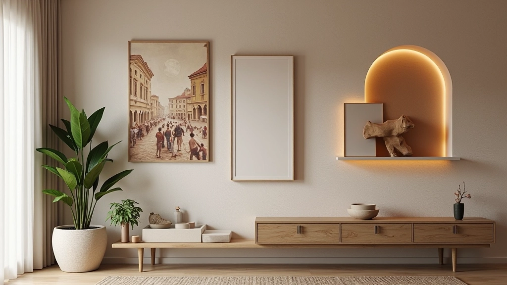 Parete con diverse tecniche di esposizione arte: tela appesa, scaffale con oggetti, nicchia illuminata