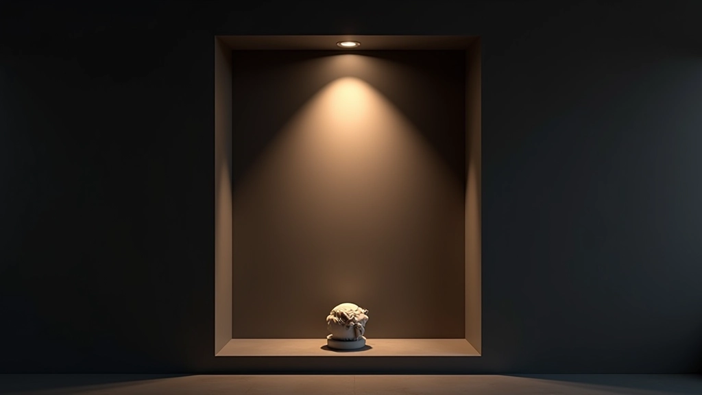 Nicchia in muro illuminata da faretti LED bianchi con piccola scultura in primo piano, sfondo nero, atmosfera sofisticata