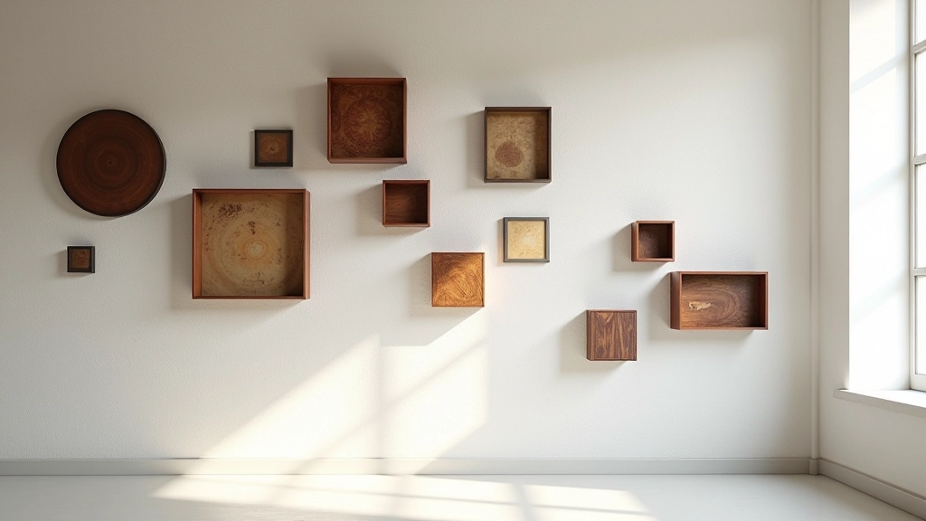 Parete con installazione tridimensionale di oggetti geometrici, ombra, texture mista di metallo e legno, illuminazione laterale