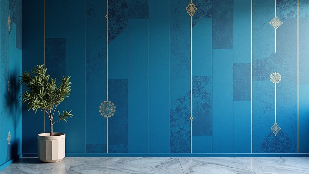 Campione di carta da parati con tonalità blu Adriatico profondo e motivo geometrico minimalista in oro