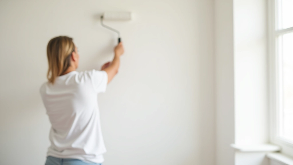 Mano che applica primer bianco su parete grigia con rullo da pittura, preparazione superficiale